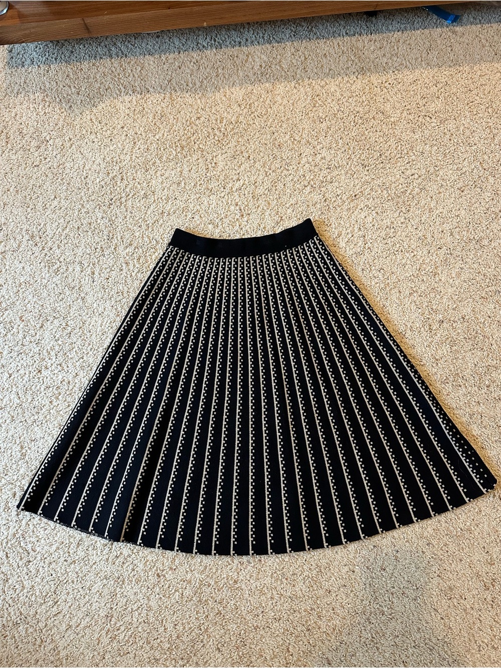 Black Midi Pleated Skirt with White Stripe Detail